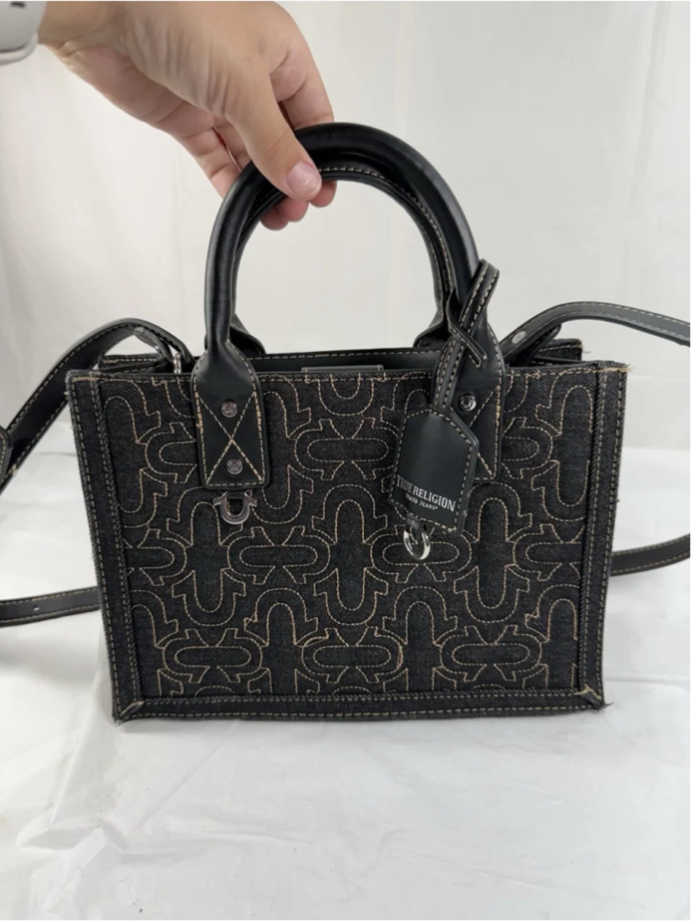 True Religion Black Denim Embroidered Crossbody Bag Horseshoe Satchel Handbag